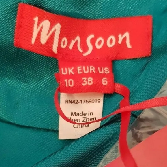 NEW MONSOON 100% Silk turquoise blue Puffball Dress Balloon Hem embellished 10uk - Picture 14 of 14
